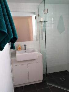拜伦湾拜伦海滩公寓的一间带水槽和玻璃淋浴的浴室