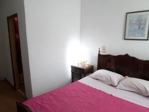 维拉·雷阿尔Rustico & Singelo - Hotelaria e Restauração, Lda的一间卧室配有一张带粉色毯子的床