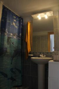 巴列埃尔莫索Casa La Hagar的浴室设有水槽和带海豚的浴帘。