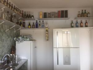 里奥普雷托达伊娃Pousada Recanto Das Garças的厨房配有冰箱和带瓶子的架子