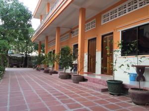 贡布Ta Eng Guesthouse的一座种植盆栽植物的建筑的庭院