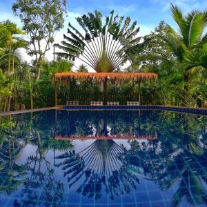 功孟海滩浓瑟勒山景旅馆的棕榈树的游泳池,水中反射