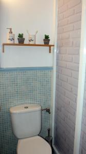 托莱多Toledo Histórico的一间带卫生间和砖墙的浴室