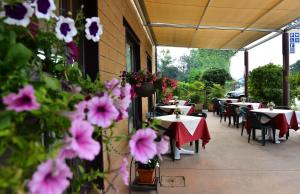 维罗纳洛坎达科尔特吉尔兰达酒店的户外庭院设有桌椅和鲜花