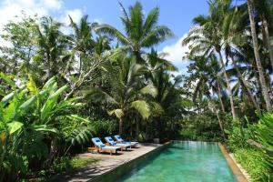 乌布斯瓦派迪别墅酒店的一个带躺椅的度假村游泳池,并种植了棕榈树