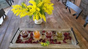 阿尔让河畔阿尔克Le Clos Des Cambres的一张带饮料和鲜花托盘的木桌