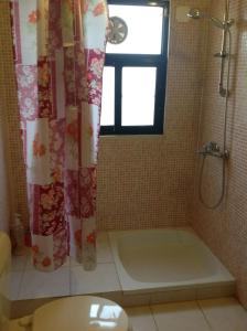 Ash Shūnah ash Shamālīyah穆尔希德汽车旅馆的带淋浴和卫生间的浴室以及窗户。