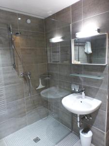 皮茨河谷阿兹尔Chalet Auszeit的带淋浴、盥洗盆和淋浴的浴室