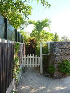竹富岛Sapunaya-さぷな家的一道带白色门和石墙的栅栏