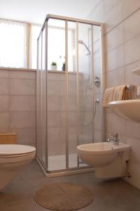 圣坎迪朵豪斯沃德合公寓的带淋浴、卫生间和盥洗盆的浴室