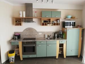 安嫩海姆Villa Burgblick的厨房配有绿色橱柜和炉灶。 顶部烤箱
