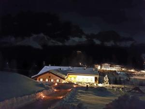 科尔蒂纳丹佩佐农场猎人之家旅馆的夜晚屋顶上积雪的房子