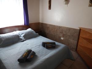 安加罗阿阿娜吉娜小屋旅馆的一间卧室配有一张带两个遥控器的床