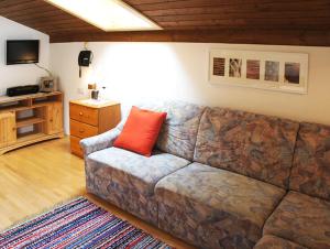 普雷格拉滕奥海姆公寓的客厅配有红色枕头的沙发