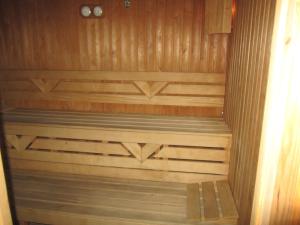 萨帕雷瓦巴尼亚日耳曼酒店的一间设有木镶板和木墙的桑拿浴室