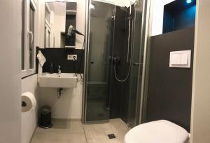 巴哈拉赫祖尔弗莱德茅斯旅馆的带淋浴、卫生间和盥洗盆的浴室