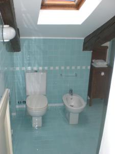 威尼斯Le Mansarde Deluxe的蓝色瓷砖浴室设有卫生间和坐浴盆