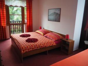 什平德莱鲁夫姆林Pension Borůvka的一间卧室配有一张带红色枕头的床和一扇窗户