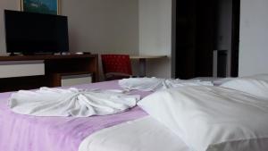 拉古纳Hotel Monte Líbano的一间卧室配有一张带白色床单的床和一张书桌。