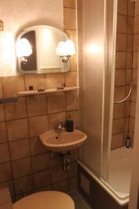 柏林贝尔酒店 的一间带水槽和淋浴的小浴室