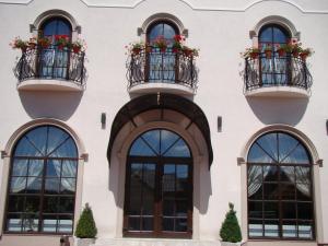 苏恰瓦Casa Hora的白色的建筑,设有窗户和带有花盆的阳台