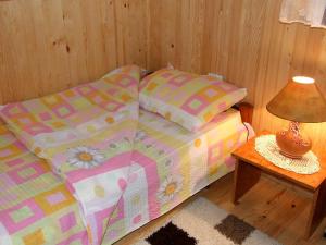 米特洛瓦克Vikendica Beli Bor的一间卧室配有一张床和一张带台灯的桌子