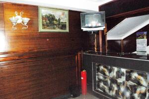 姆巴拉拉Palm world Hotels Mbarara的客厅设有壁炉和电视。