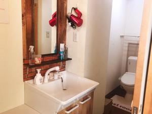 吴市库托马勒旅馆的一间带水槽、镜子和卫生间的浴室