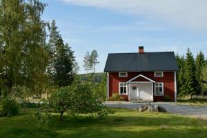 NylandTorpet i Sjö的前面有两只狗的红色谷仓