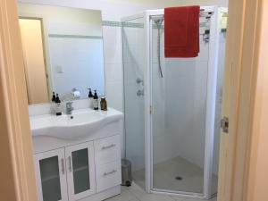 Auburn里林公寓的浴室配有白色水槽和淋浴。