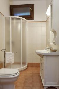 林瓜格洛萨Agriturismo Valle Galfina的带淋浴、卫生间和盥洗盆的浴室