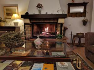 Alpera芬卡埃尔罗梅拉尔乡村民宿的客厅设有壁炉和玻璃桌