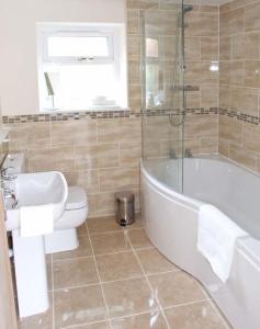 Great WitcombeRowan Studio的浴室配有卫生间、浴缸和水槽。