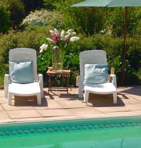 MazièresDomaine Charente - Familyroom Gypsy with garden (with external toilet & shower house)的泳池畔的两把椅子和枕头