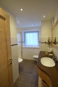 坎皮泰洛迪法萨Vajolet的一间带水槽和卫生间的浴室以及窗户。