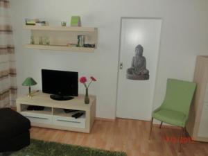 卡尔斯哈根Fewo Duene 26_ZABE的客厅配有电视和绿椅
