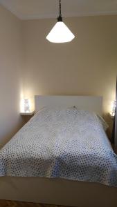 塞格德Heidi Apartman的一间设有两盏灯的房间的一张白色床