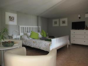 蒂亚斯El Cercado的一间卧室配有一张床、一张桌子和一台电视。
