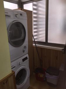 马拉加安东尼奥班德拉斯海滨大道公寓的客房内的洗衣机和洗衣机