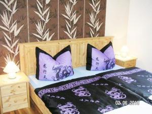 卡尔斯哈根FH Charlottchen_WEIG的一间卧室配有一张带紫色和白色枕头的床
