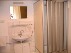 巴特维尔德巴德恩特拉奇特酒店的一间带水槽、镜子和淋浴的浴室