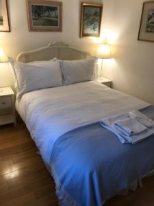 伦敦富勒姆住宿加早餐旅馆的卧室配有一张大白色的蓝色床单