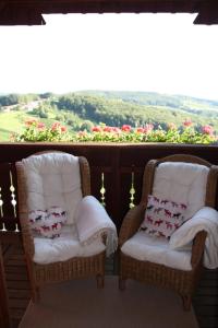 StradenKellerstöckl am Rosenberg的两把藤椅坐在一个美景阳台