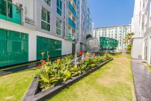 芭堤雅市中心City Center Residence By Pattaya Sunny Rentals的建筑物庭院里的一排花