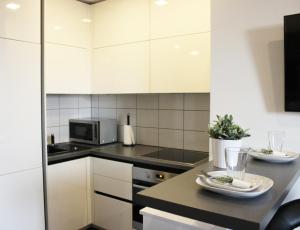 维尔纽斯New Studio In Oslo Namai的厨房配有白色橱柜和黑色台面