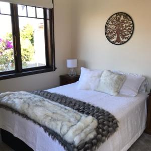 惠灵顿Casa Felina Apartment的一间卧室配有一张带毯子的床和窗户