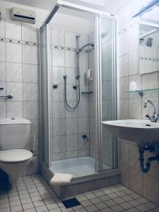 拉德福尔姆瓦尔德SSC拉德丰维尔德体育酒店及会议中心的带淋浴、卫生间和盥洗盆的浴室