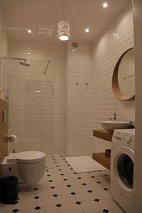 克拉科夫Grey Apartments Kościuszko的浴室配有卫生间、盥洗盆和洗衣机。