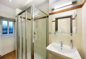 捷克克鲁姆洛夫CK膳食公寓的一间带玻璃淋浴和水槽的浴室