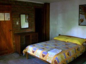 普约拉斯帕尔马斯旅馆的一间卧室设有一张床和砖墙